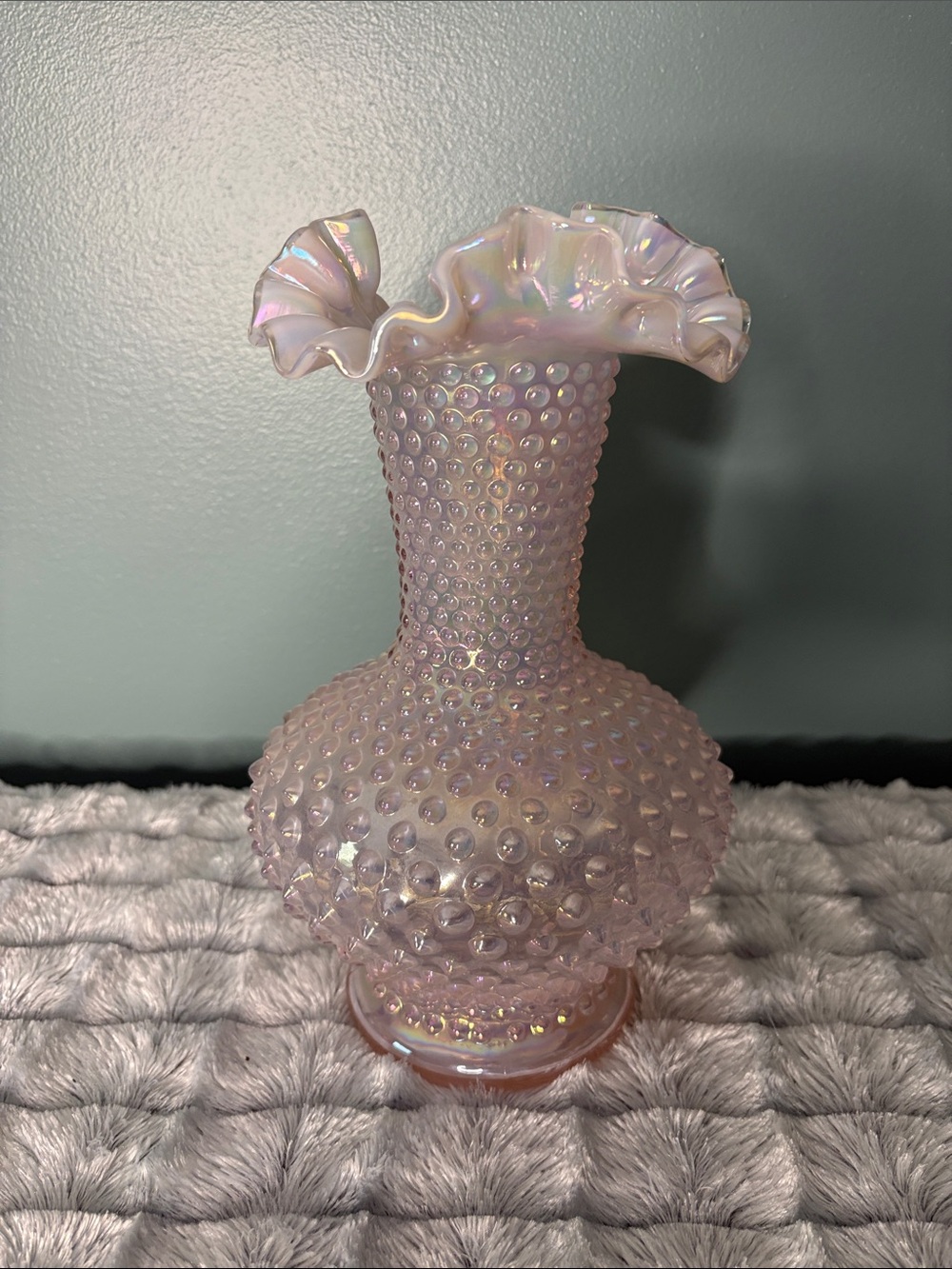 Fenton Iridescent Champagne Pink Hobnail Glass Vase 10.5”